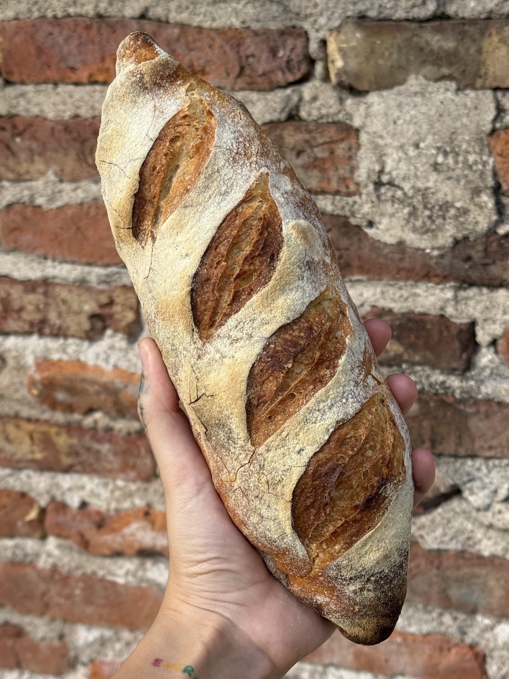 Un pan de campo recién horneado sostenido con una mano contra una pared de ladrillo.
